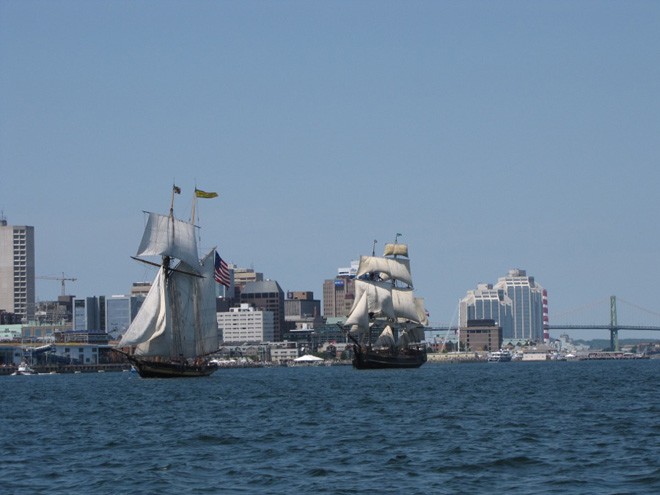 Much happier days, not long before her demise Here the 159-foot topsail schooner Pride of Baltimore II and the 180-foot full-rigged ship Bounty sail into Halifax, Nova Scotia for the  TALL SHIPS CHALLENGE® Atlantic Coast 2012 series. ©  Tall Ships America http://www.tallshipsamerica.org/